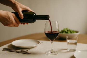 close up red wine pouring into a glass, capturing the rich essence of indulgence
