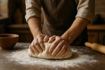close up hands-on cooking experience showcasing the process of kneading dough on a wooden surface