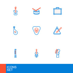Set line Guitar neck, Violin, Flute, Triangle musical instrument, Bandura, pick, amplifier and Drum with drum sticks icon. Vector
