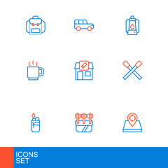 Set line Hunt place, Quiver with arrows, Lighter, Burning match fire, Coffee cup, Hunting shop, Camping lantern and Safari car icon. Vector