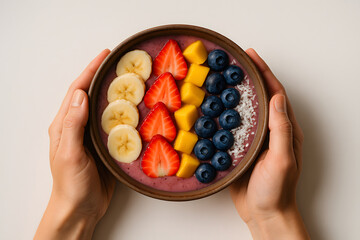 Colorful smoothie bowl with sliced ​​strawberries, bananas, and mangoes held in hand.