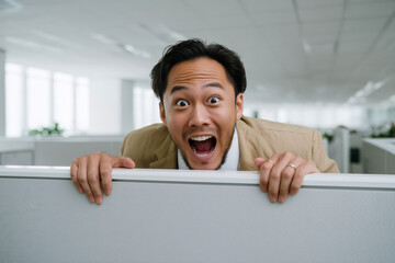 Enthusiastic businessman peeking over cubicle wall with a huge smile, conveying positive energy and excitement in a modern office setting for a dynamic corporate culture