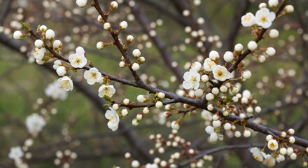 A soft-focus macro photograph of delicate white blossoms with tiny yellow centers on thin brown branches, evoking natural purity and freshness ideal for floral designs and spring-themed visuals