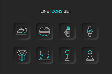 Set line Chess, Punching bag, Pommel horse, Medal, Smart watch with heart, Golf clubs, Bicycle helmet and Racing icon. Vector