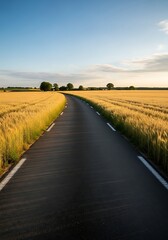 Obraz premium Road Through Golden Wheat Fields Under a Clear Blue Sky.