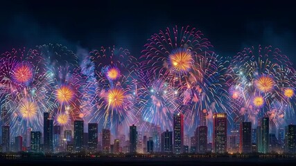 Vibrant fireworks lighting up the night sky above a city skyline, capturing the excitement of celebration. - Powered by Adobe