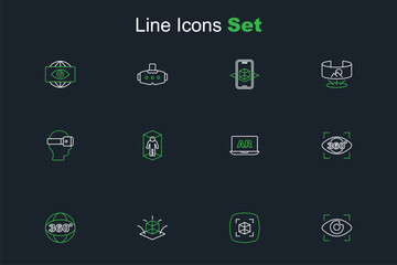 Set line Big brother electronic eye, 3d modeling, 360 degree view, Augmented reality AR, and Virtual glasses icon. Vector