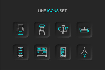 Set line Lamp hanging, Library bookshelf, Chest of drawers, Sofa, Chandelier, Chair and Office chair icon. Vector