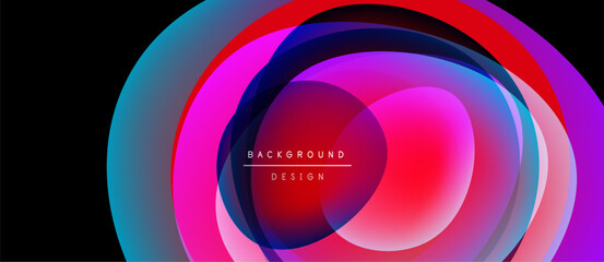 Abstract colorful layers create dynamic circular design. Bright gradients blend, forming modern background. Text reads background design.
