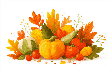Festive Autumn Salad with Colorful Vegetables and Leaves in Flat Design Style