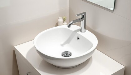 Fototapeta premium Sleek, minimalist white ceramic bathroom sink with chrome faucet, white, luxury
