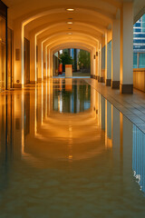 Golden Hour Reflections in Arched Corridor &ndash; Urban Symmetry and Light.