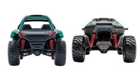 Two futuristic offroad buggies, front and rear view, isolated on transparent background