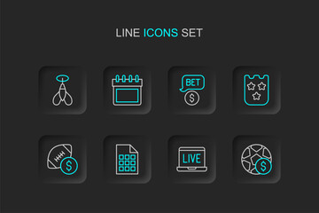 Set line Football betting money, Online poker table game, Lottery ticket, American football, Casino chip with dollar, Calendar and Dart arrow icon. Vector