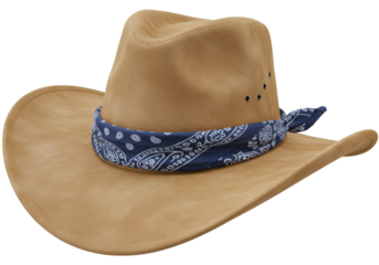 Tan suede cowboy hat with blue bandana isolated on transparent background, western fashion accessory for costume and design