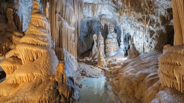Sharp stalactites hanging down from deep mountain cave
