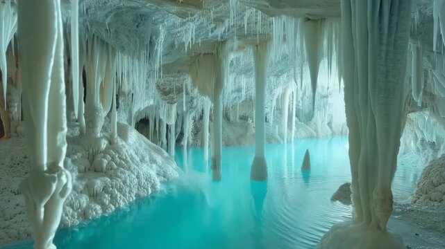 Sharp stalactites hanging down from deep mountain cave