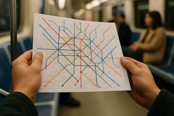 Close up of male hands holding a subway map of the city