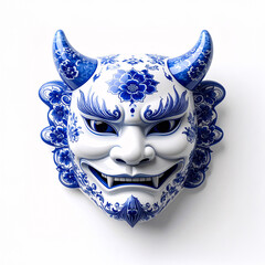Ausdrucksstarke Porzellanmaske mit blauer Blumenmalerei
