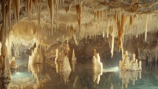 Sharp stalactites hanging down from deep mountain cave