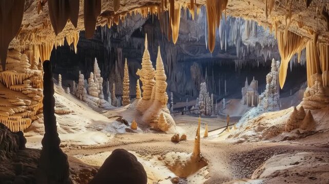 Sharp stalactites hanging down from deep mountain cave