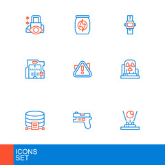 Set line Hologram, Futuristic weapon, Cloud database, Radioactive warning lamp, sliding doors, Exclamation mark triangle, Wrist watch and Energy drink icon. Vector