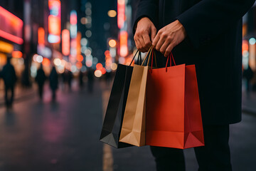 man walking outdoors at night, carrying shopping bags with joy, surrounded by city lights