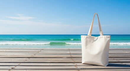 Canvas tote bag on a wooden boardwalk with a turquoise ocean and blue sky background