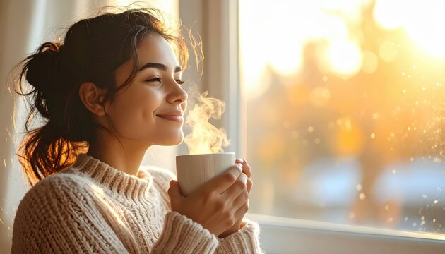 Smiling woman enjoying hot coffee by sunny window — cozy morning self care with warm golden light