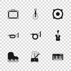 Set Metronome with pendulum, Electric bass guitar, Music synthesizer, Trumpet, Stereo speaker, Guitar amplifier, and icon. Vector