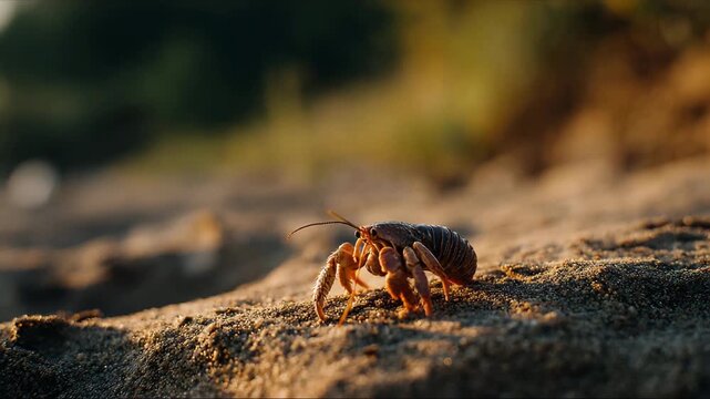 A hermit crab navigates the sandy shore, showcasing its unique shell and lively movements, highlighting the beauty of marine life in natural settings. Nature is full of wonders.