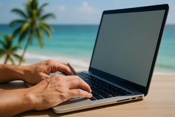 Tropical workation vibes remote work setup by the beach