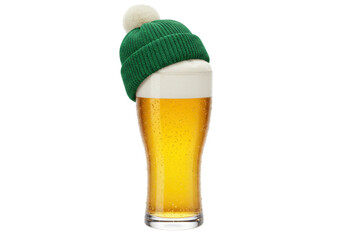 Refreshing pilsner beer in glass with green knit hat isolated, festive drink for St Patrick s Day...