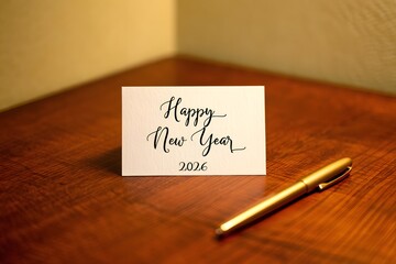 Happy new year card with pen on wooden table