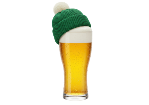 Refreshing pilsner beer in glass with green knit hat isolated, festive drink for St Patrick s Day celebration