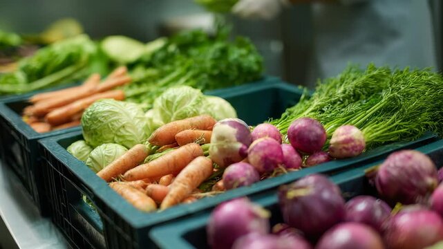 Fresh organic vegetables including carrots, cabbages, onions, turnips are neatly arranged in black crates on market counter. Person wearing gloves is sorting produce for quality, freshness