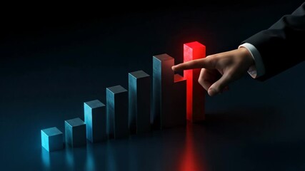Man hand touching glowing orange bar, then red bar, and finally red arrow showing business growth chart or financial success, animation - Powered by Adobe