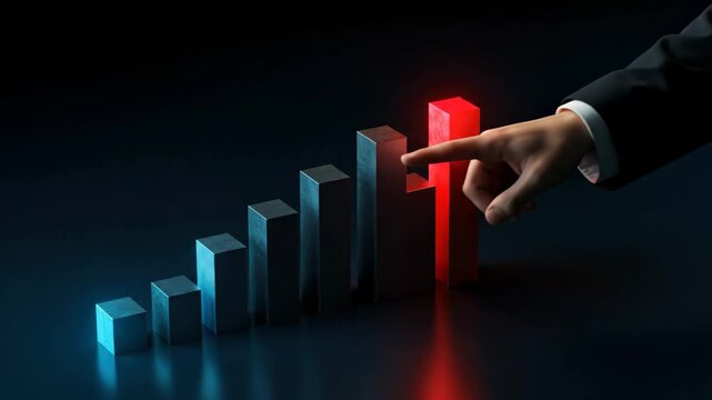 Man hand touching glowing orange bar, then red bar, and finally red arrow showing business growth chart or financial success, animation