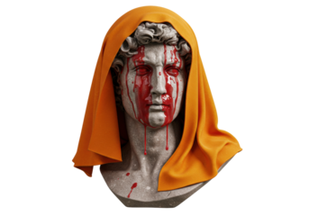 David statue bust with orange fabric and blood isolated on transparent PNG, conceptual art for horror and Halloween themes
