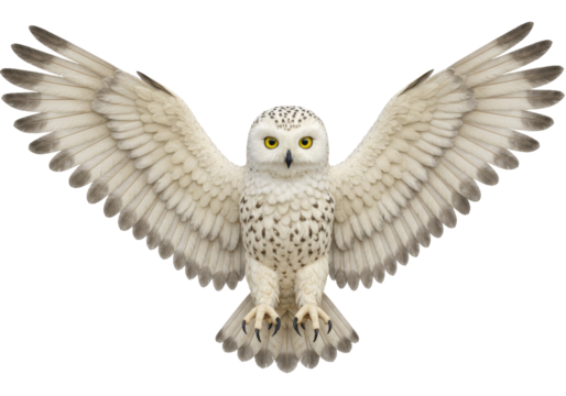 Majestic snowy owl with open wings PNG isolated on transparent background, bird of prey for wildlife and nature designs