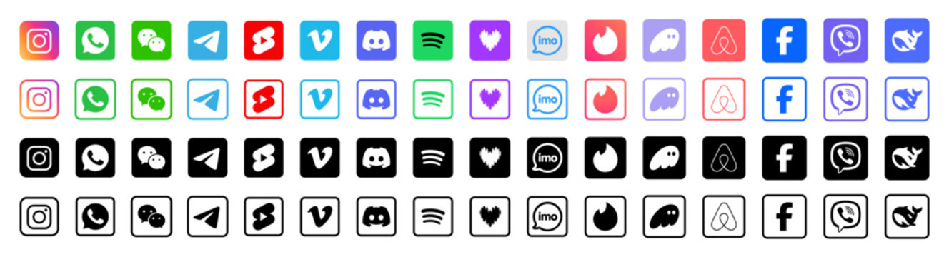 Social media and messaging app icons set. Colorful and monochrome collection of popular chat platform logos for mobile and web use.