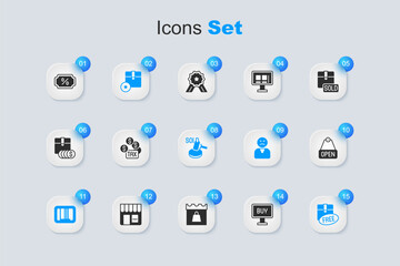 Set Buy button, Tax payment, Carton cardboard box, Barcode, Cardboard with free symbol, Hanging sign text Open, Discount percent tag and Auction hammer icon. Vector