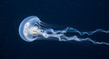 Moon Jellyfish Drifting in the Deep Blue Ocean.