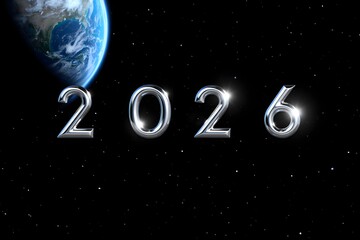 Futuristic 2026 in space with earth background