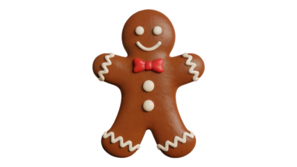 A classic gingerbread man cookie with white icing details and a red bow tie isolated on transparent background