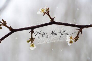Happy new year tag on blooming branch with snow