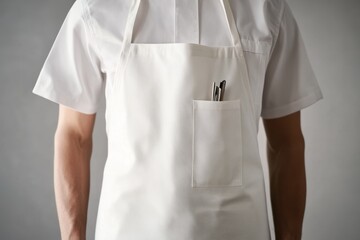 Blank apron mockups for uniforms in various work settings featuring pocket details