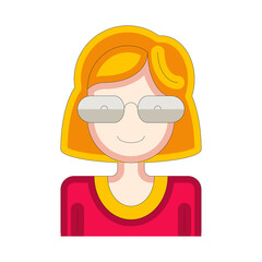 Pixel Art Avatar of a Woman with Short Blond Hair and Glasses Wearing a Red Top with Yellow Trim and a Transparent Background