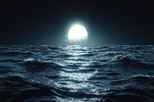 Bright sea illuminated by moonlight on a dark night
