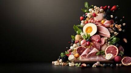 Extravagant Food Platter: Prosciutto, Cheese, Berries, and Vegetables on Dark Background, Culinary Art for Restaurant Promotion or Food Blog